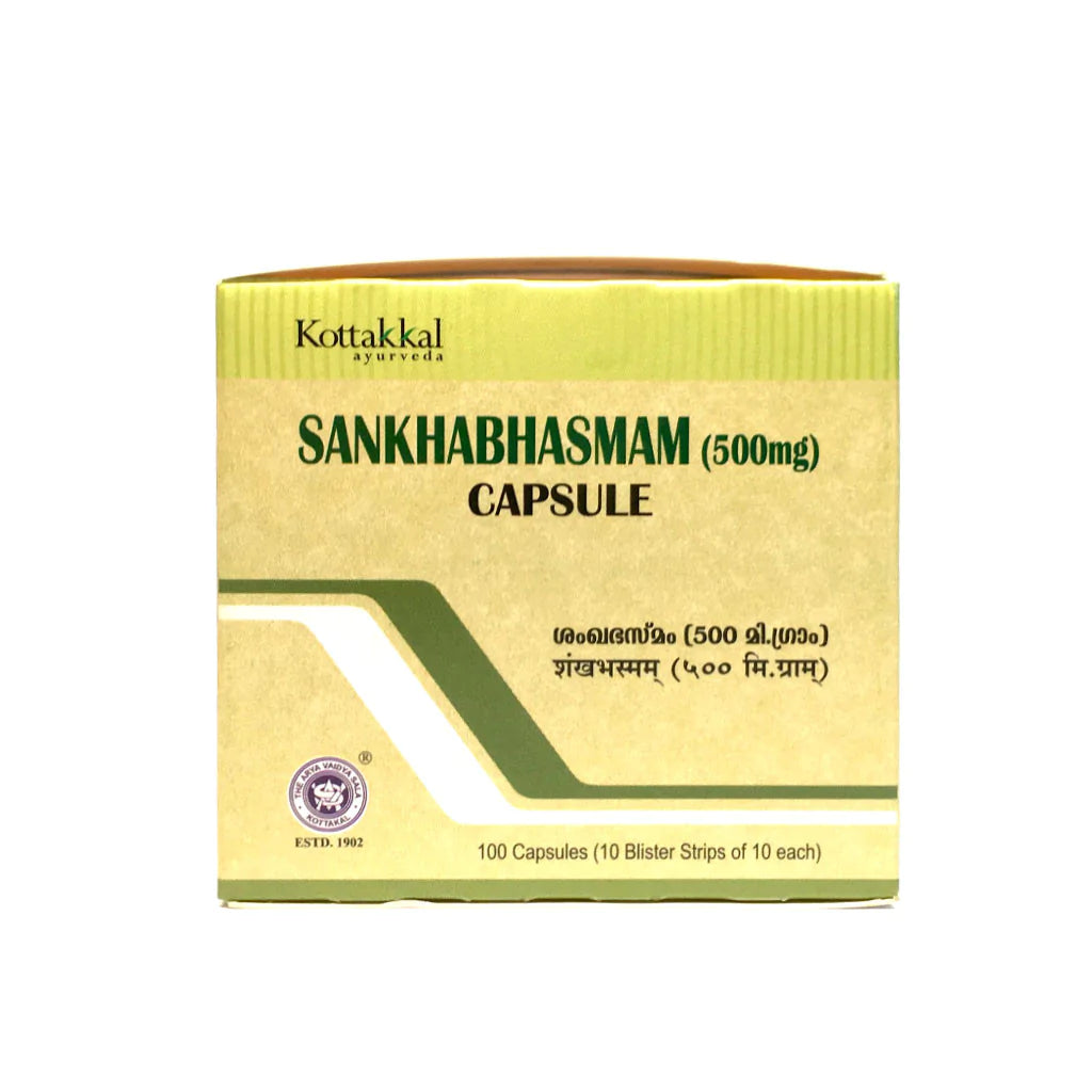 A box of Kottakkal Sankhabhasam digestive health capsule medicine with 100 capsules, each capsule marked as 500mg.