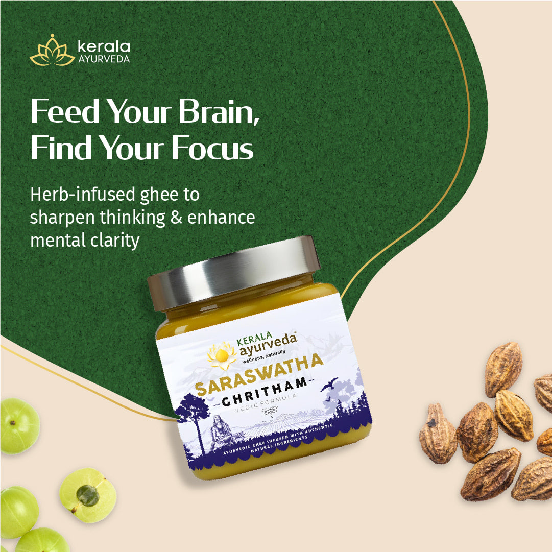 Jar of Saraswatha Ghritam, an organic gheewith ingredients on a green and beige background, featuring Kerala Ayurveda branding.