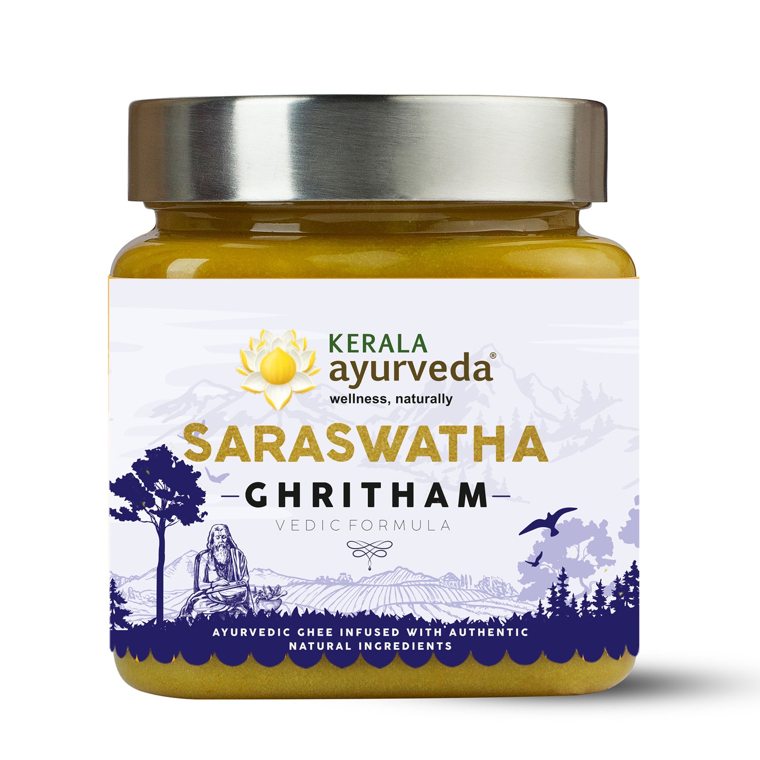 A jar of Kerala Ayurveda Saraswatha Ghee, organic with a label depicting a figure playing a musical instrument and the text 'Saraswatha Ghritham' along with the brand logo.