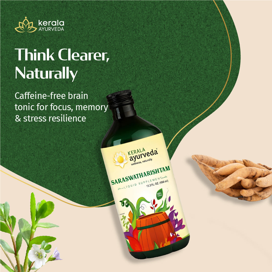 Kerala Ayurveda's herbal tonic Saraswatharishtam bottle with green background and text about brain tonic benefits.