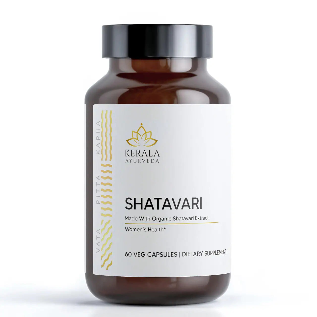Front view of Kerala Ayurveda Shatavari capsules with the label showing 'For Complete womens health supplements , Female Wellness' and indicating support from puberty to menopause. The background is blue with a floral design on the left side.
