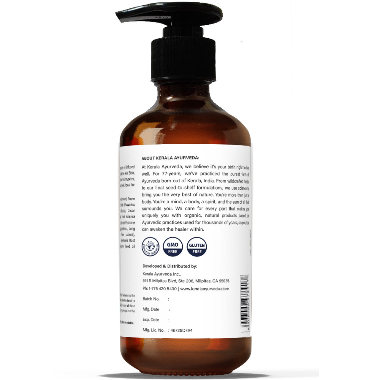 A bottle of Soothing Body Oil with a label that includes the brand information
