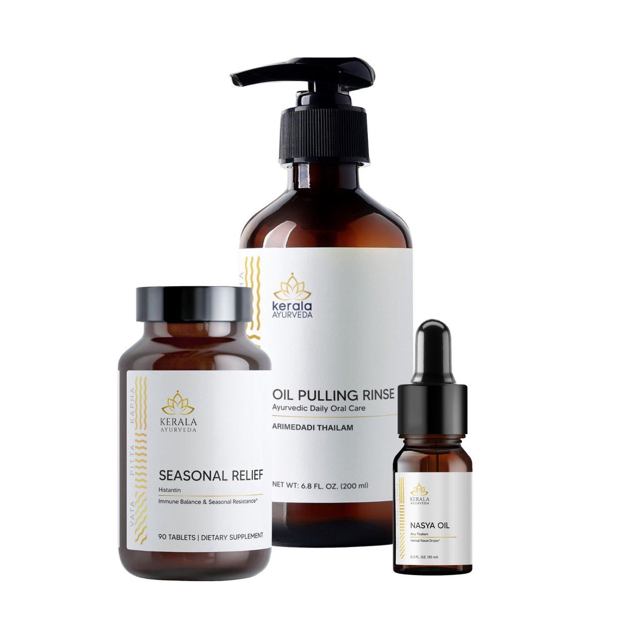 A set of three Ayurvedic products including a bottle labeled 'Nasya Oil & Oil Pulling ', a smaller bottle with 'SEASONAL RELIEF' and a capsule supplement, all with a white and brown design theme.