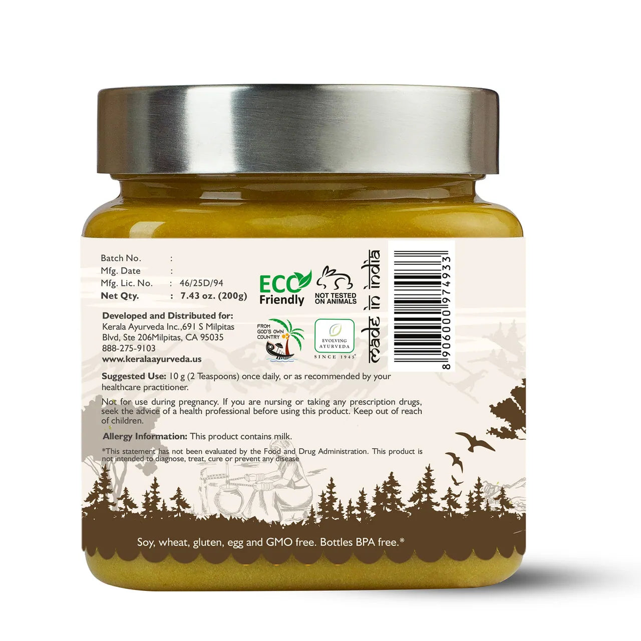 A jar of Kerala Ayurveda Sukumara Ghee (Ghritham) with a back label that includes the product details
