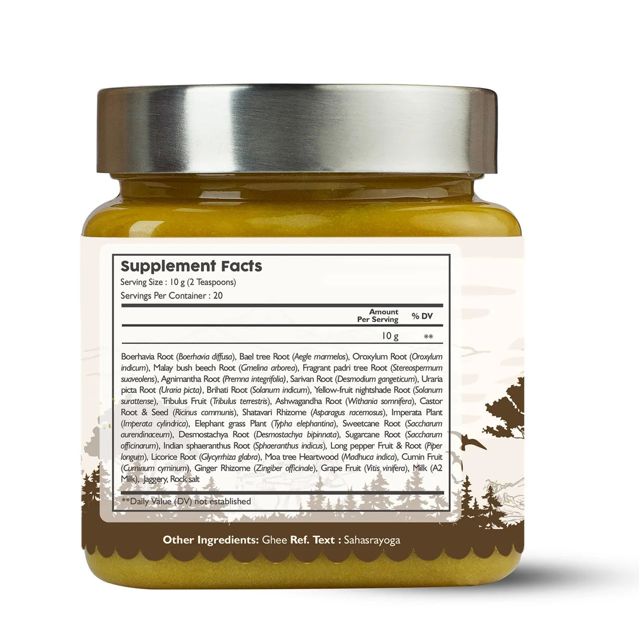 A jar of Kerala Ayurveda Sukumara Ghee (Ghritham) with aingredients label of supplelment facts