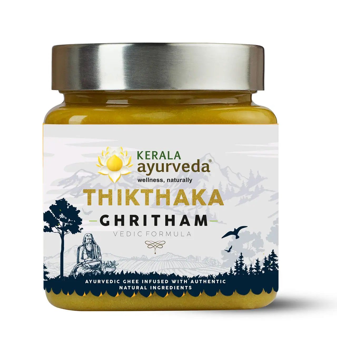 A jar of Kerala Ayurveda Thikthaka Ghee (Ghritham) with a label that includes an illustration of a person performing yoga and a tree. The jar is sealed with a metal lid and the label has the brand and product name.