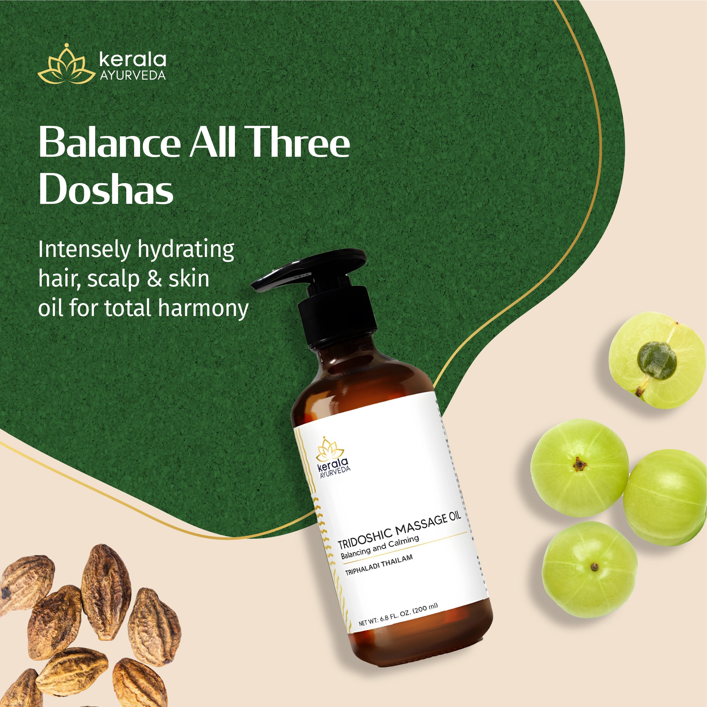 Kerala Ayurveda tridoshic-massage oil bottle with green background and ingredients.