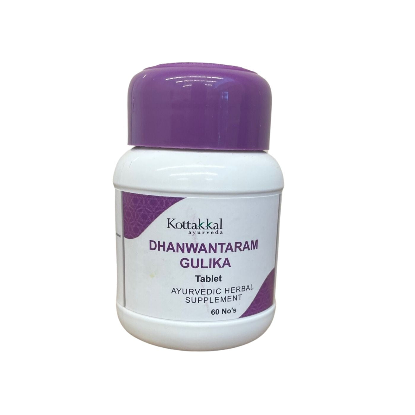 A bottle of KT Dhanwantaram Gulika herbal supplement tablets with 60 tablets inside, manufactured by Kottakkal.