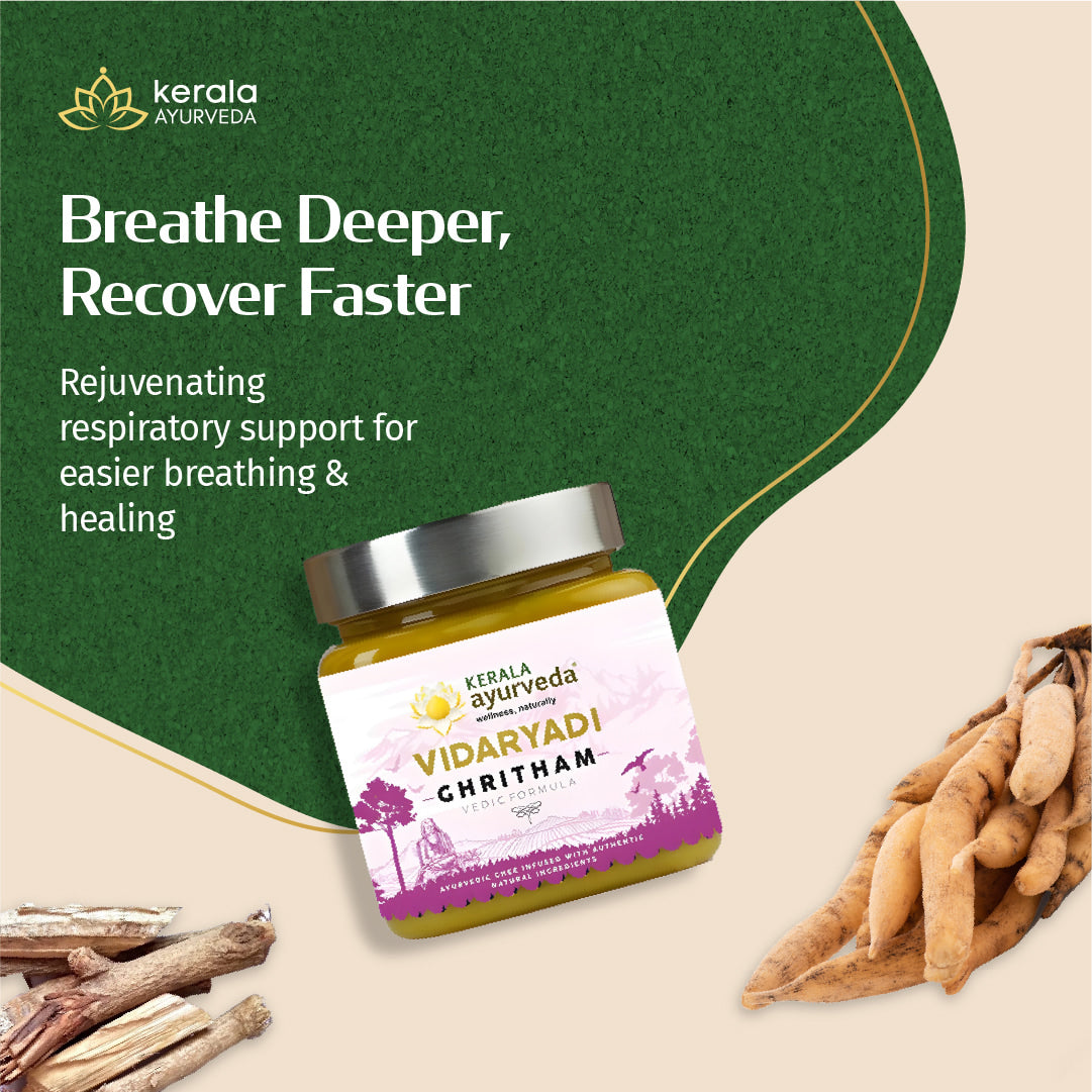 Jar of Kerala Ayurveda Vidaryadi Ghritam with text on a green and beige background
