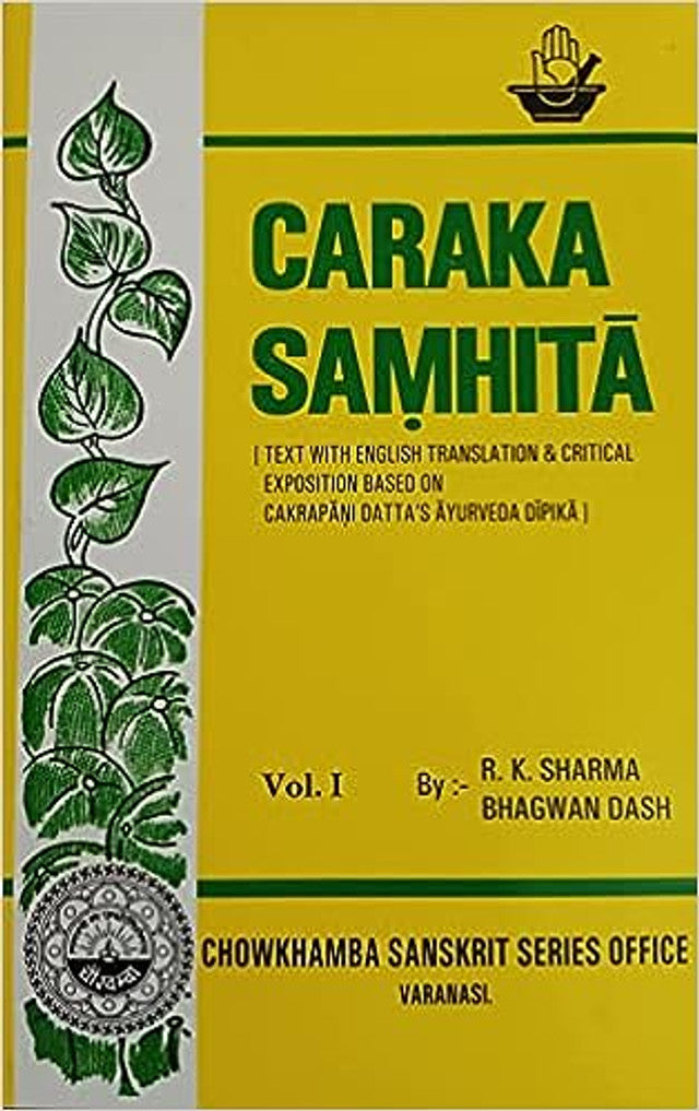 A set of ayurveda books titled 'Caraka Samhita' with yellow covers, arranged in a row.