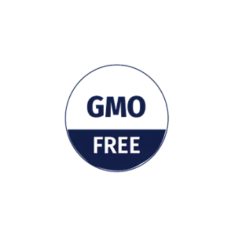 GMO free seal with a blue background and white text.