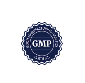 Good Manufacturing Practice (GMP) certified seal in blue and white.