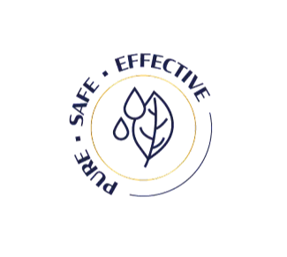 Logo featuring a leaf and droplets with the words "pure," "safe," and "effective" around it.