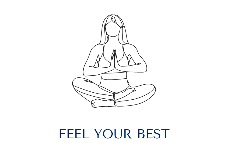 Line drawing of a woman sitting in a yoga pose with "Feel your best" text below.