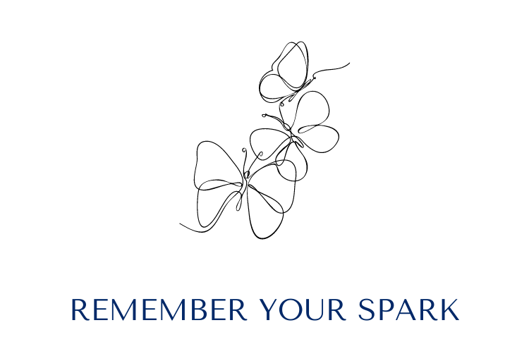 Illustration of four connected butterfly outlines above the text "Remember your spark" in navy blue.