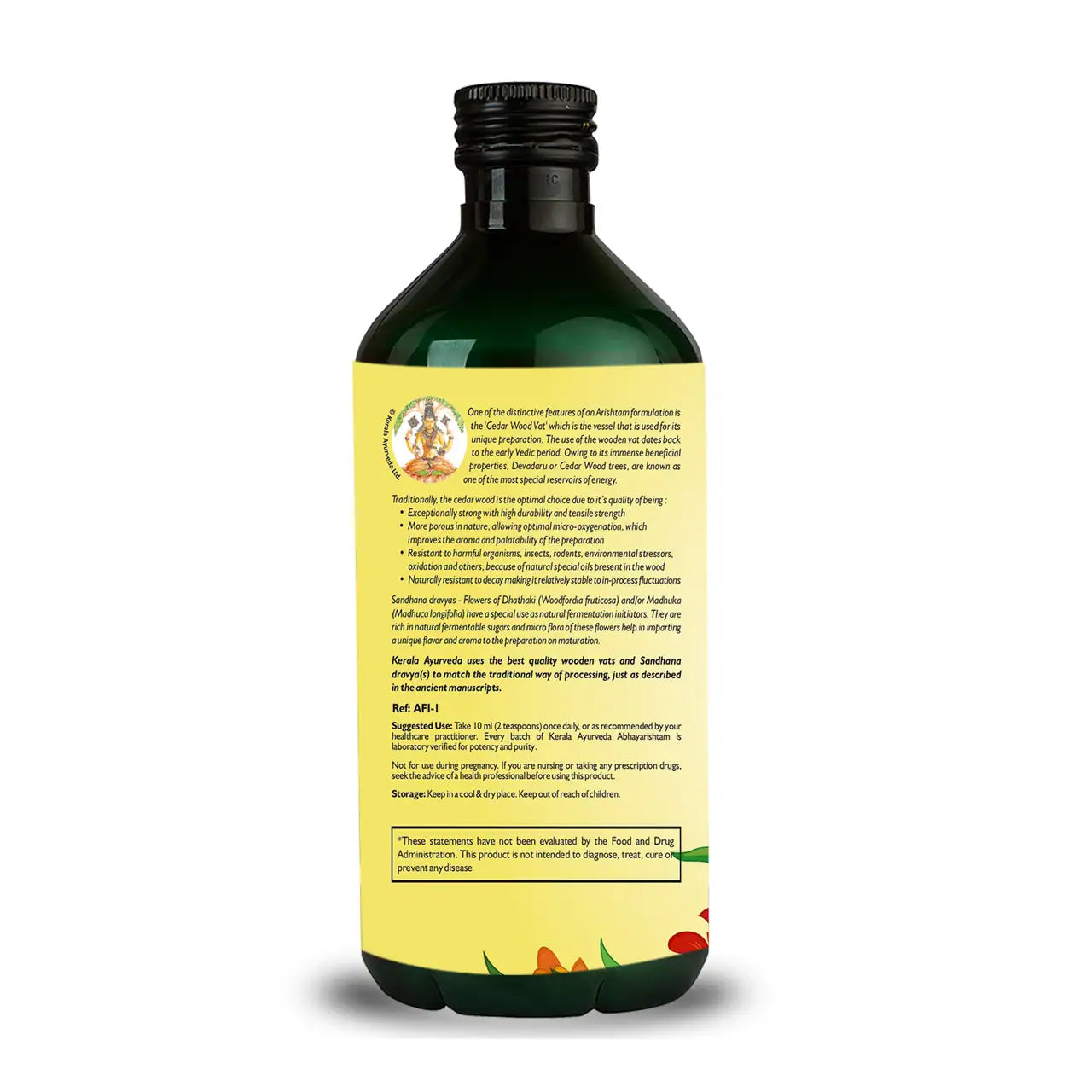 Back View of Bottle of Kerala Ayurveda Abhavarishtam digestive tonic with ingredients on a green and beige background.