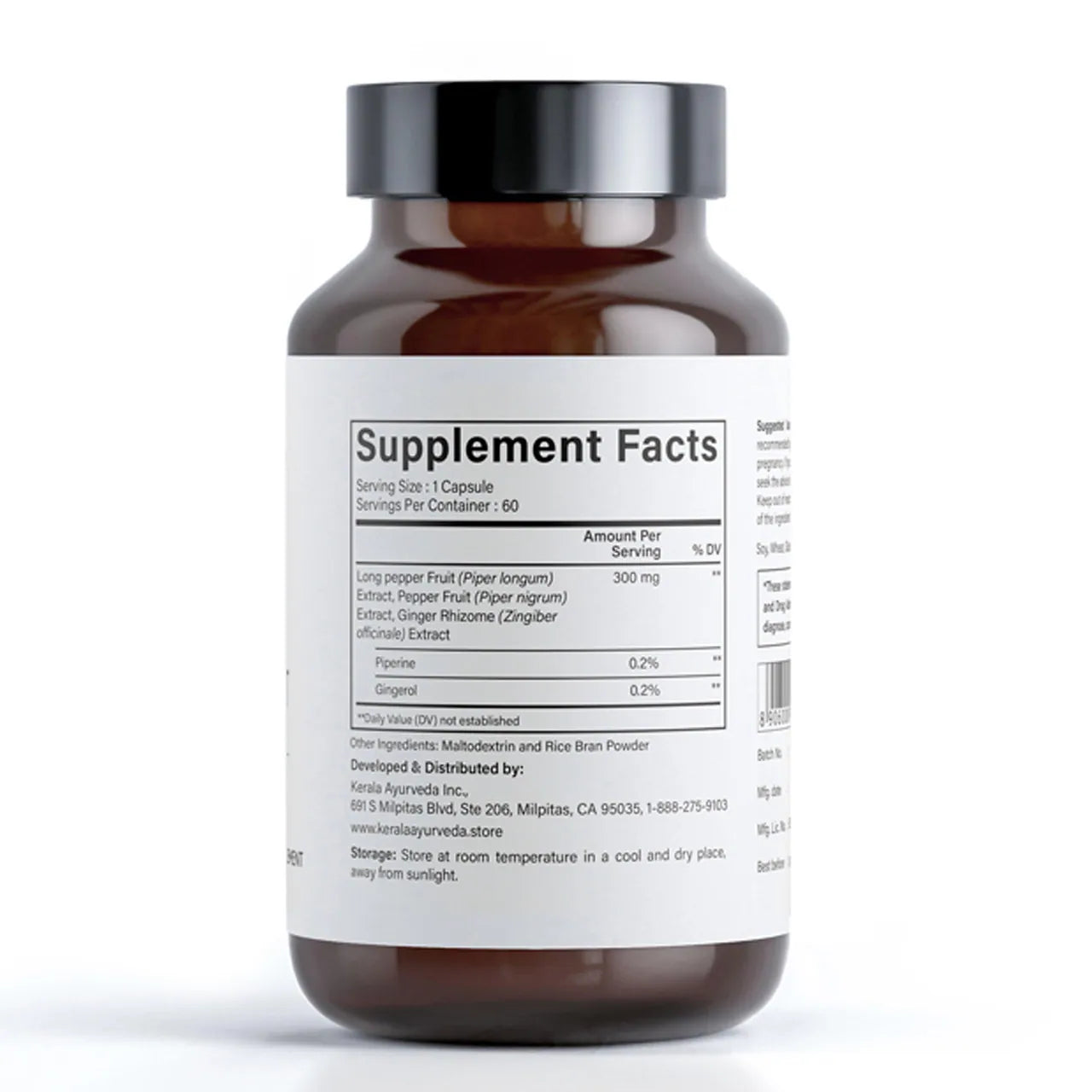 A supplement facts label view of a bottle of Kerala Ayurveda Active Digest, which contains 60 veg capsules for dietary supplement.