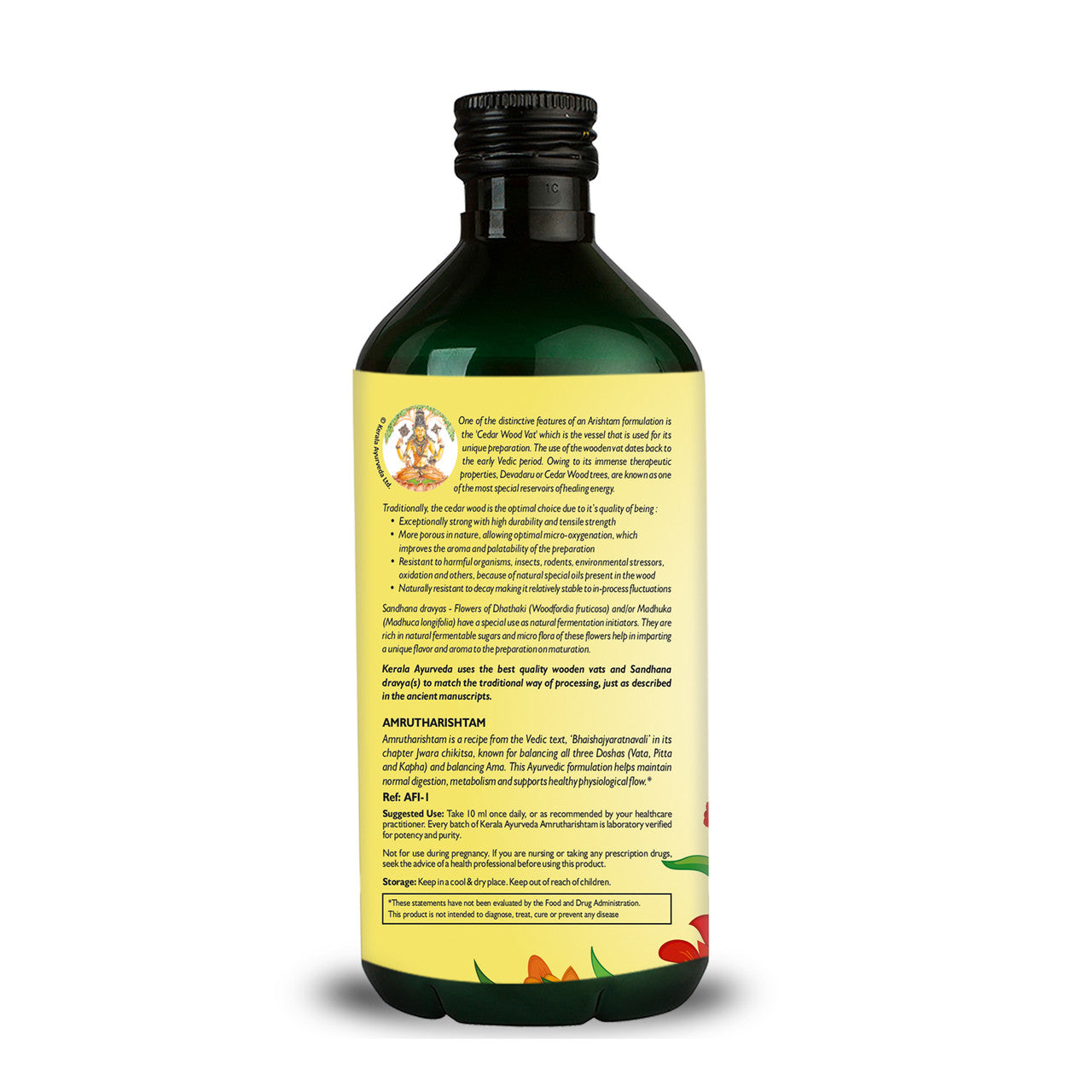 A back label view bottle of Amrutharishtam, a traditional Ayurvedic herbal product, with a colorful label featuring illustrations of herbs and a Ayurvedic symbol.