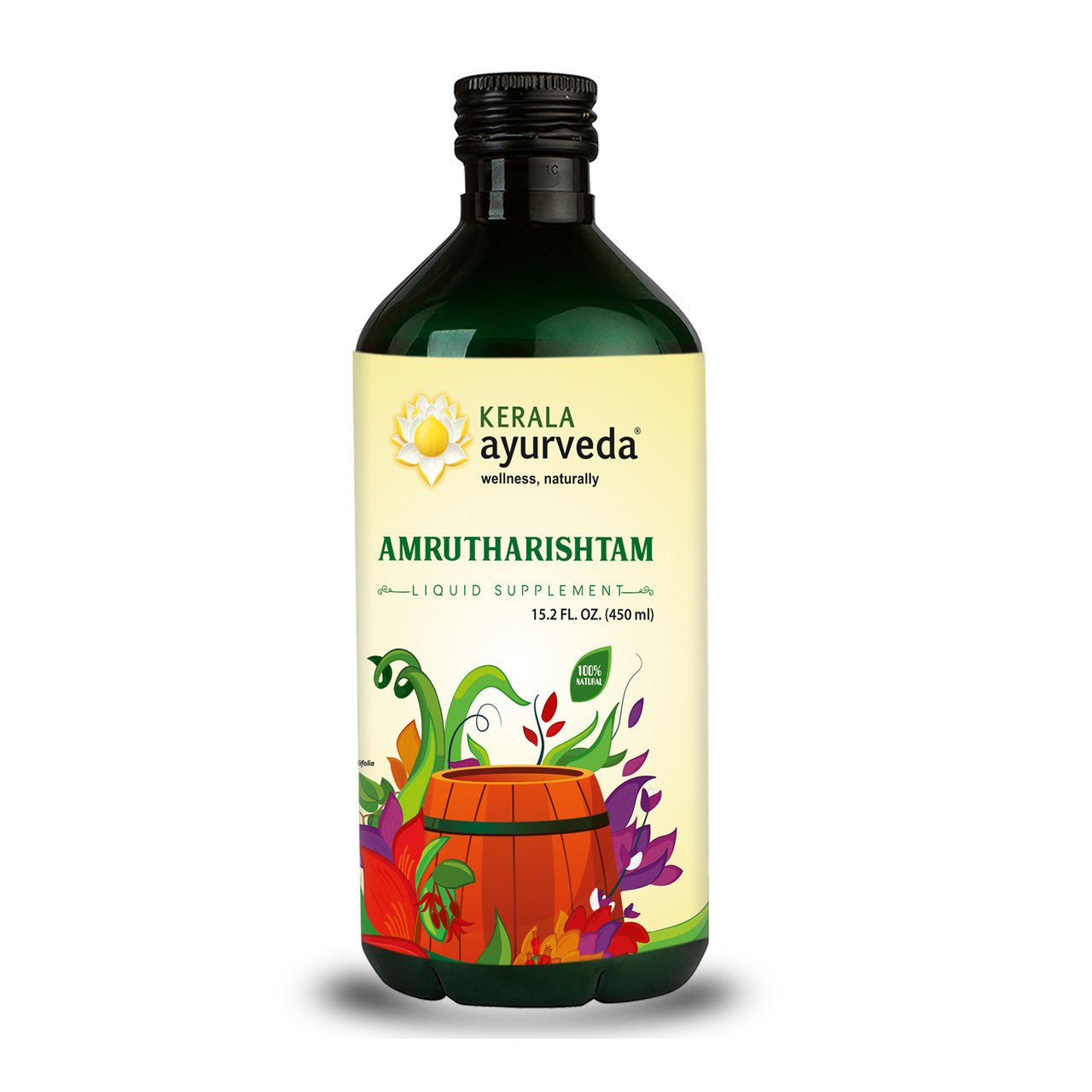 A bottle of Amrutharishtam, a traditional Ayurvedic herbal product, with a colorful label featuring illustrations of herbs and a Ayurvedic symbol.