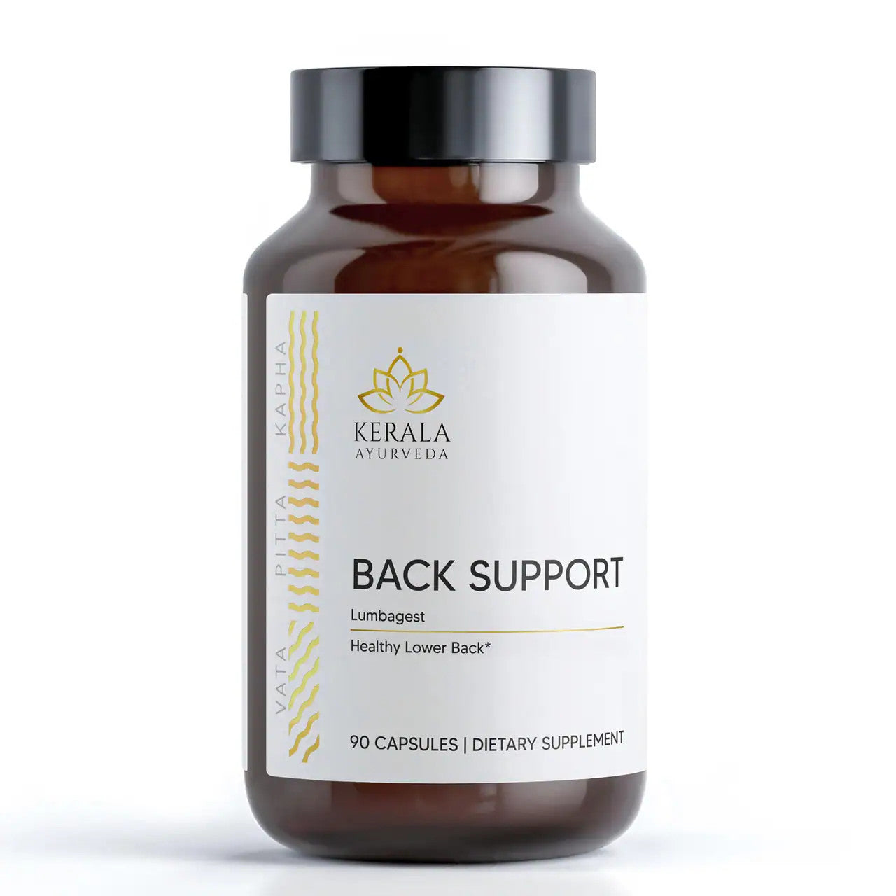 A bottle of an ayurvedic supplement for back pain relief from Kerala Ayurveda called Back Support with 90 capsules