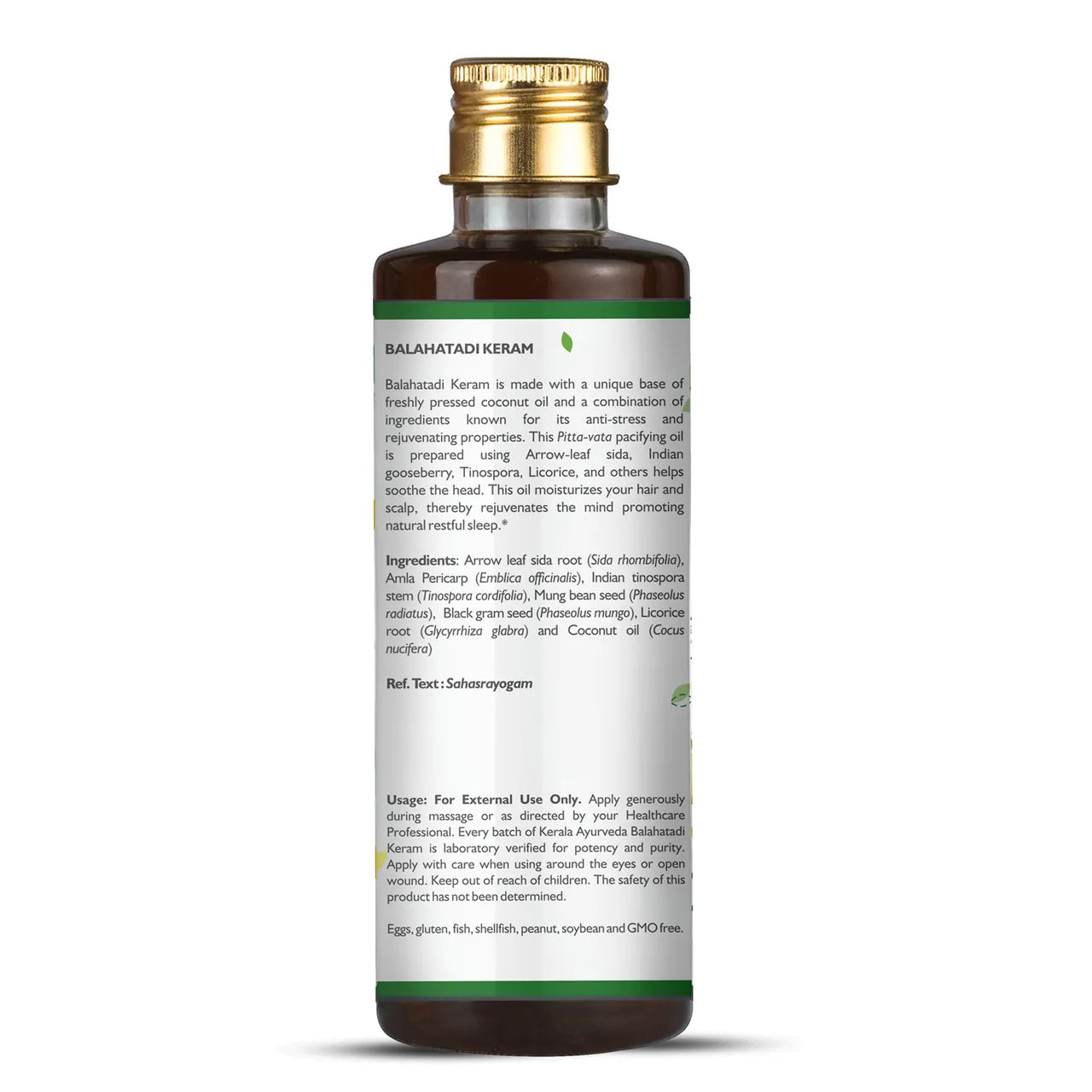 Ingredients of Kerala Ayurveda Balahatadi Keram, a herbal scalp massage oil with a label showing product name and Ayurvedic symbols, in a 6.8 fl oz / 200 ml container.