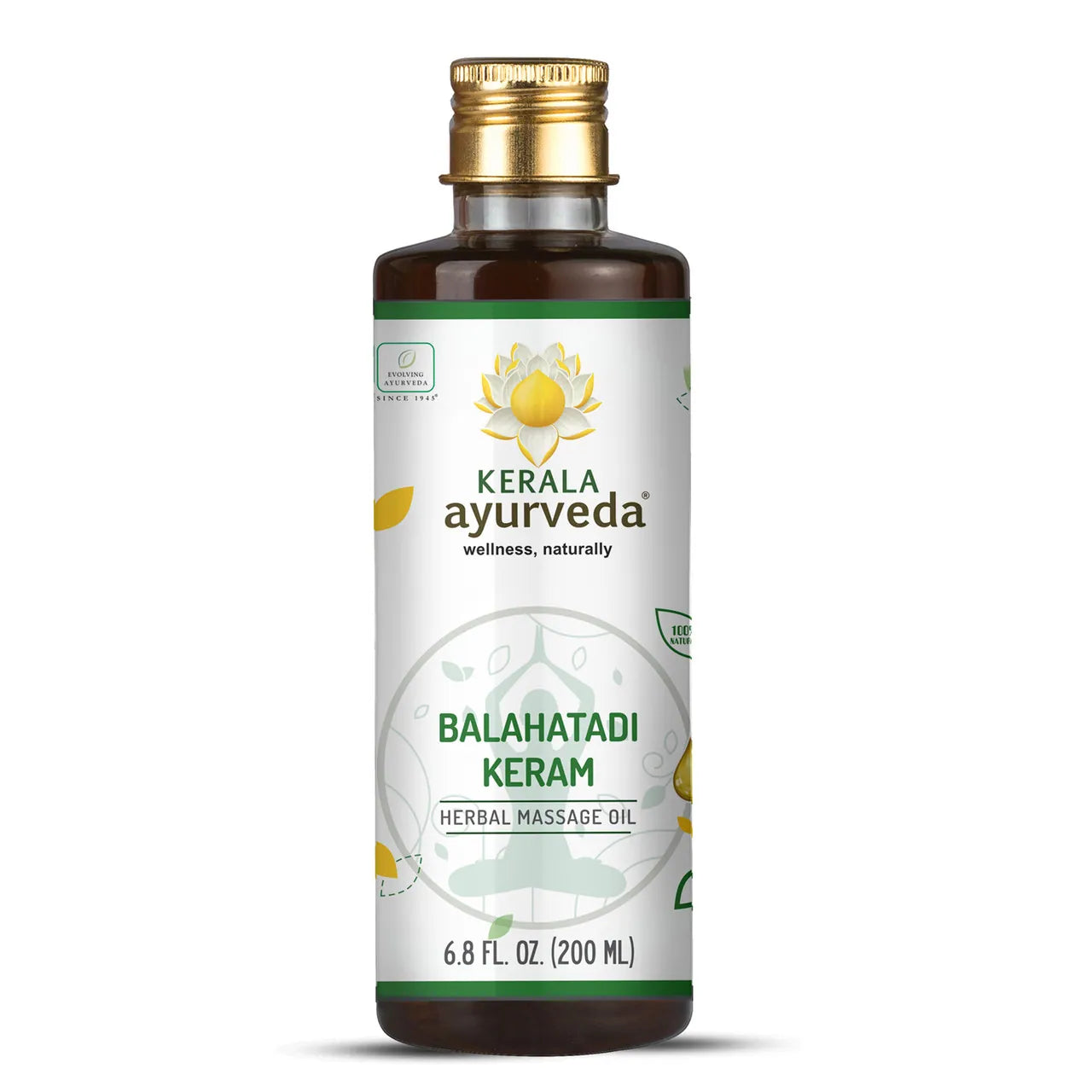 Bottle of Kerala Ayurveda Balahatadi Keram, a herbal scalp massage oil with a label showing product name and Ayurvedic symbols, in a 6.8 fl oz / 200 ml container.