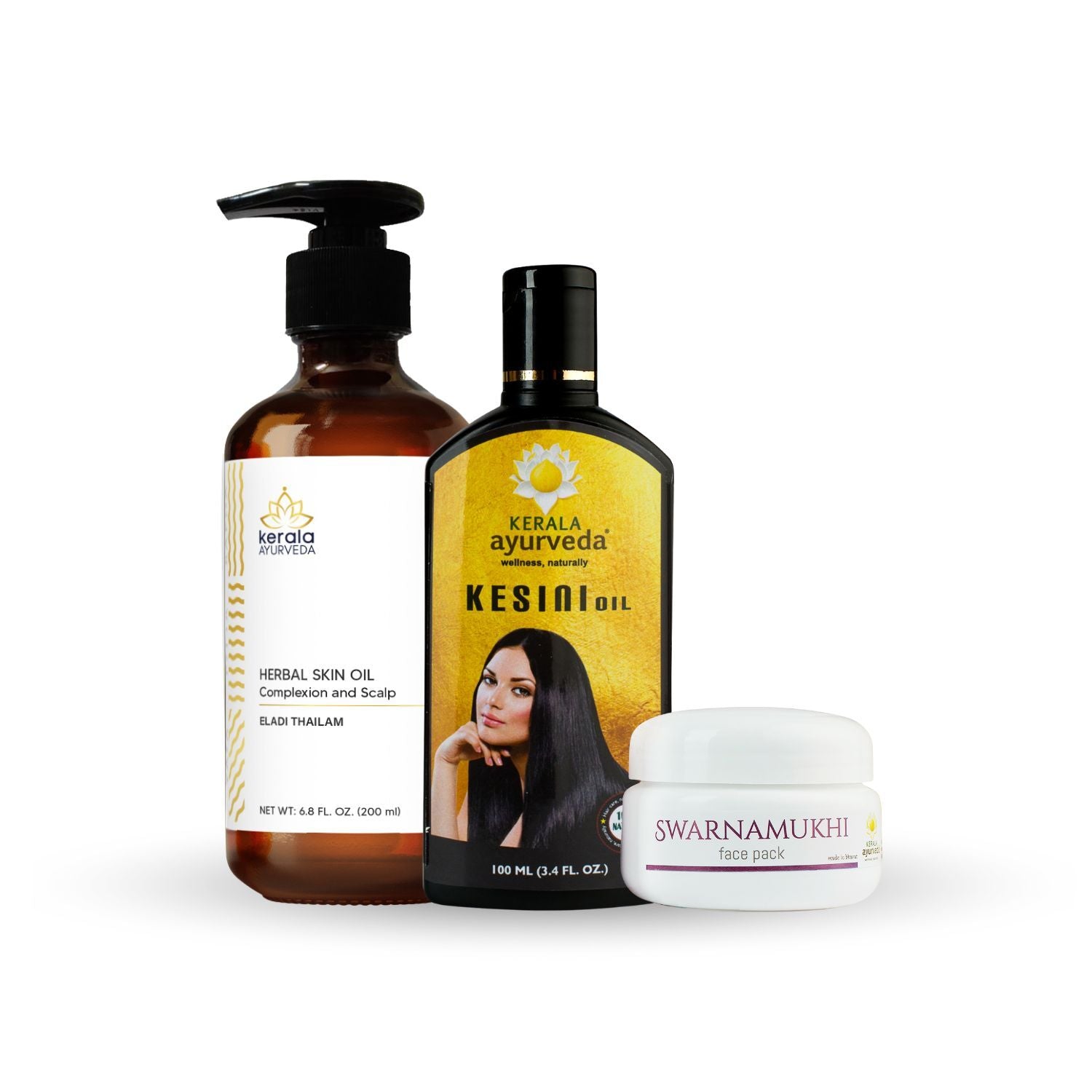 A collection of three ayurvedic skincare beauty products including a bottle of Kesini Oil, a bottle of Herbal Skin Oil, and a jar of Swarnamukhi Face Pack, all with labels in white and yellow colors.