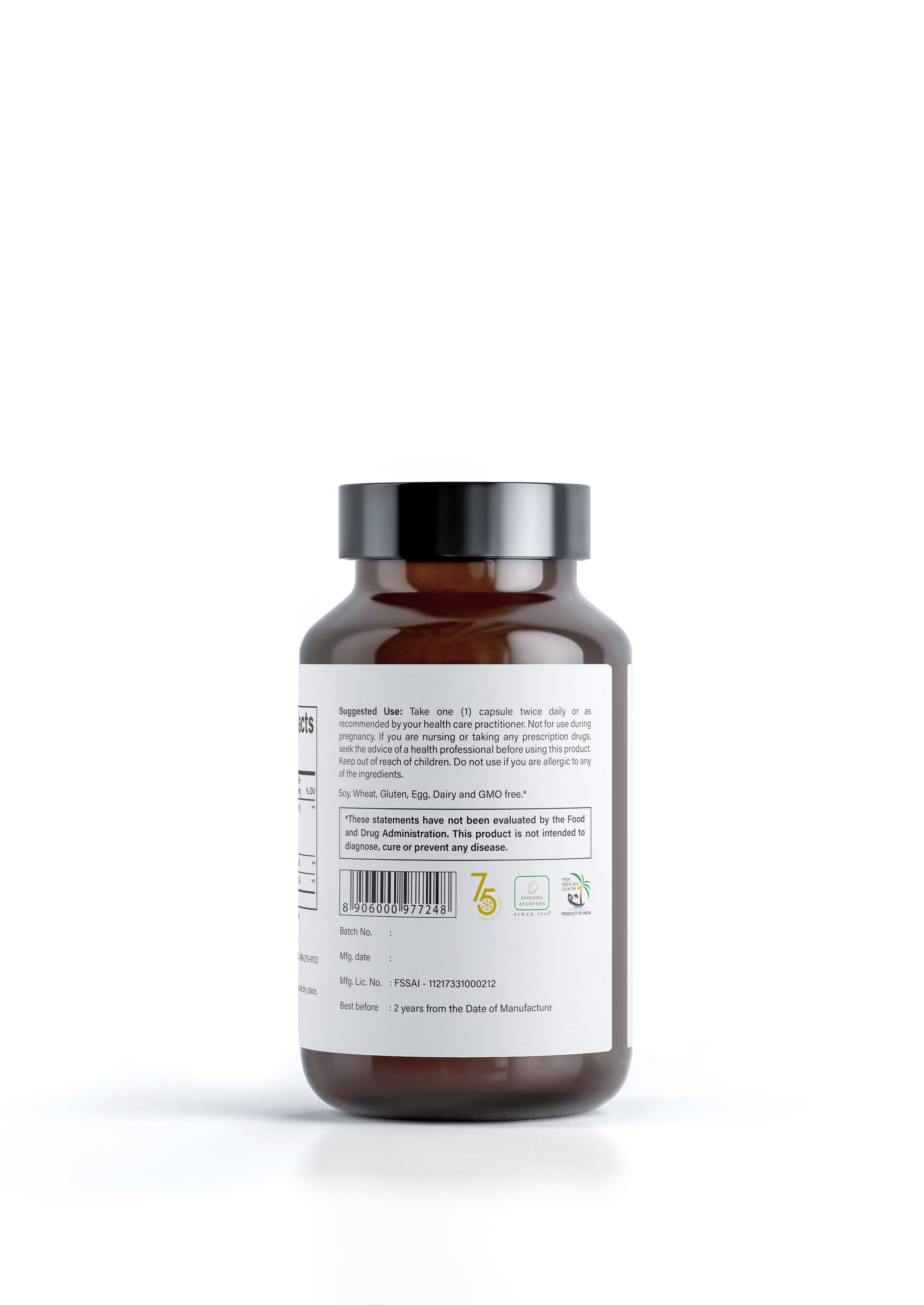Back view of Kerala Ayurveda Bitter Melon dietary blood sugar support with 60 veg capsules, labeled for blood sugar management.