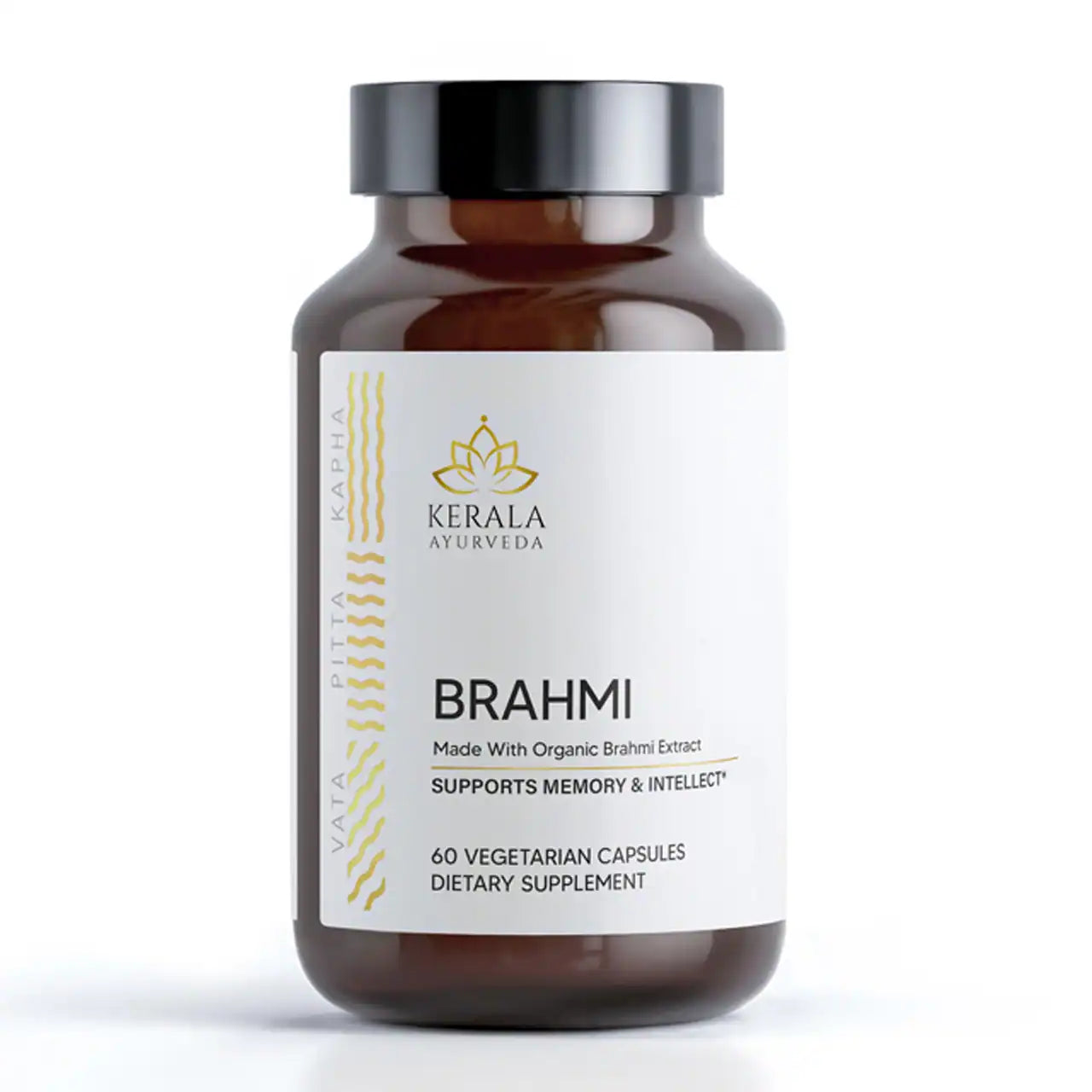 A bottle of Kerala Ayurveda Brahmi, containing 60 vegetarian capsules, marketed as supporting memory and intellect.