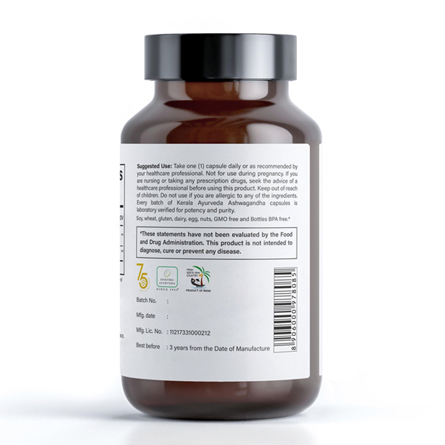 Back label of bottle of Kerala Ayurveda Brahmi, containing 60 vegetarian capsules, indicating the how to use suggestions