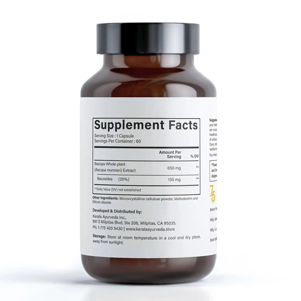 Supplement facts label bottle of Kerala Ayurveda Brahmi, containing 60 vegetarian capsules, indicating the ingredients details