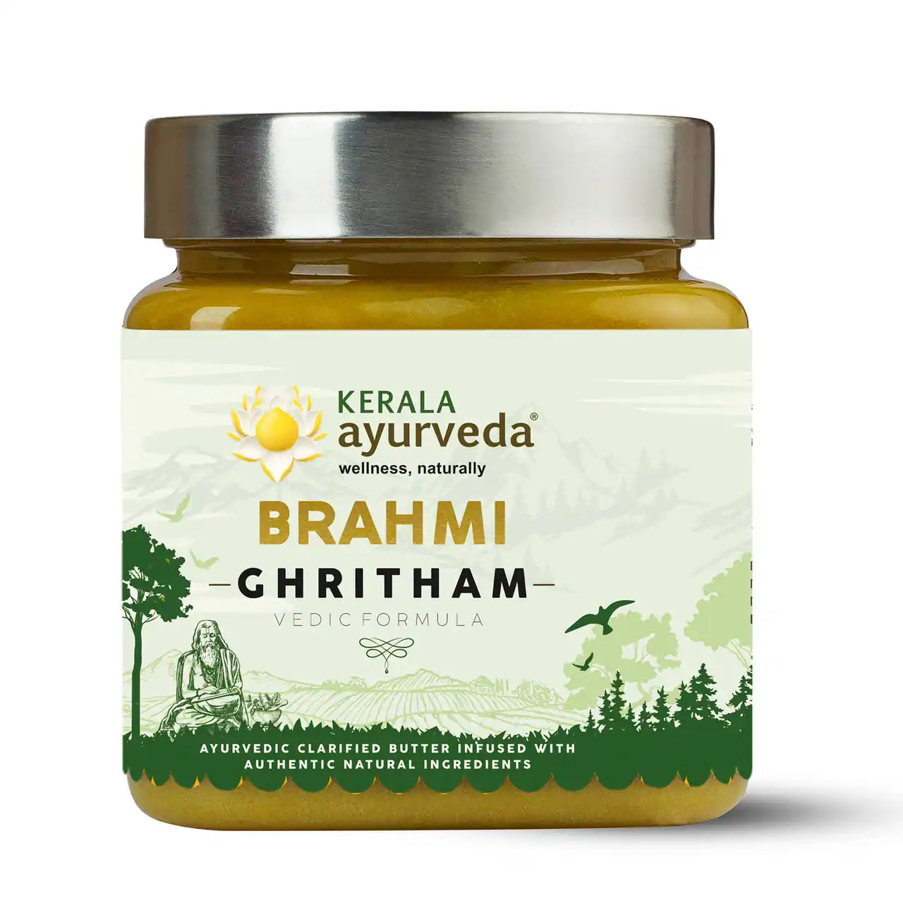 A jar of Kerala Ayurveda Brahmi Ghee (Ghritham) with a label depicting an Ayurvedic design and the product name prominently displayed.