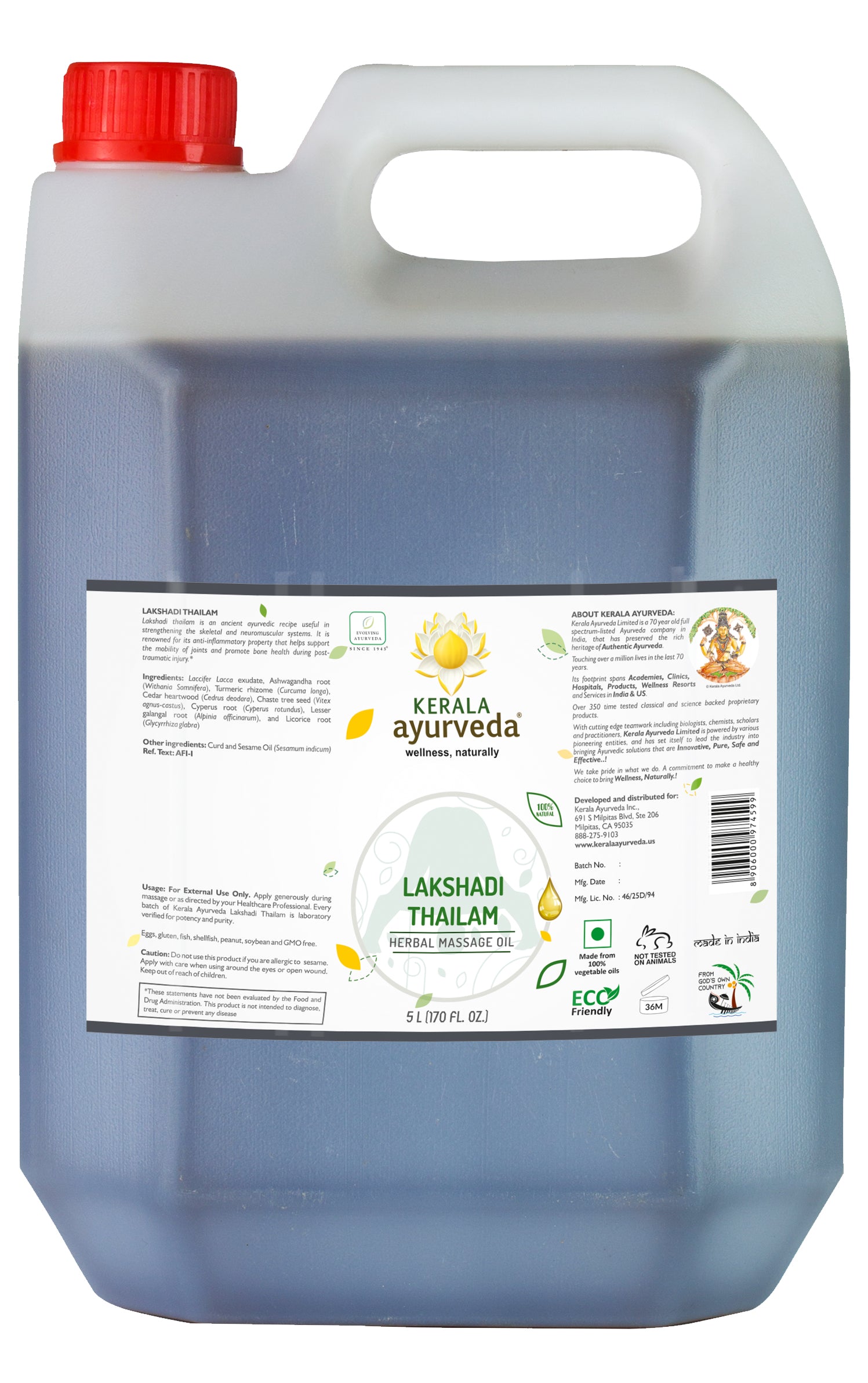 A 5 litre can of Kerala Ayurveda Children's Daily Wellness Oil, with text highlighting its use for soothing growing pains.