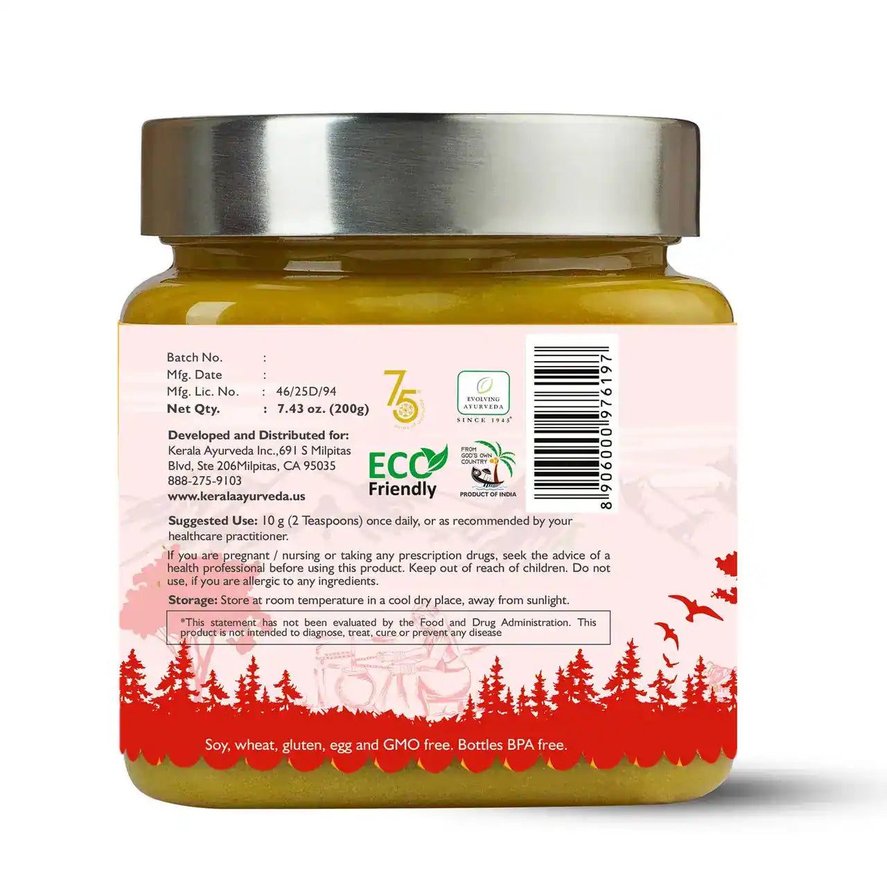 Jar of Kerala Ayurveda Dadi Madi Ghritam, a organic ghee with a back label of how to use instruction
