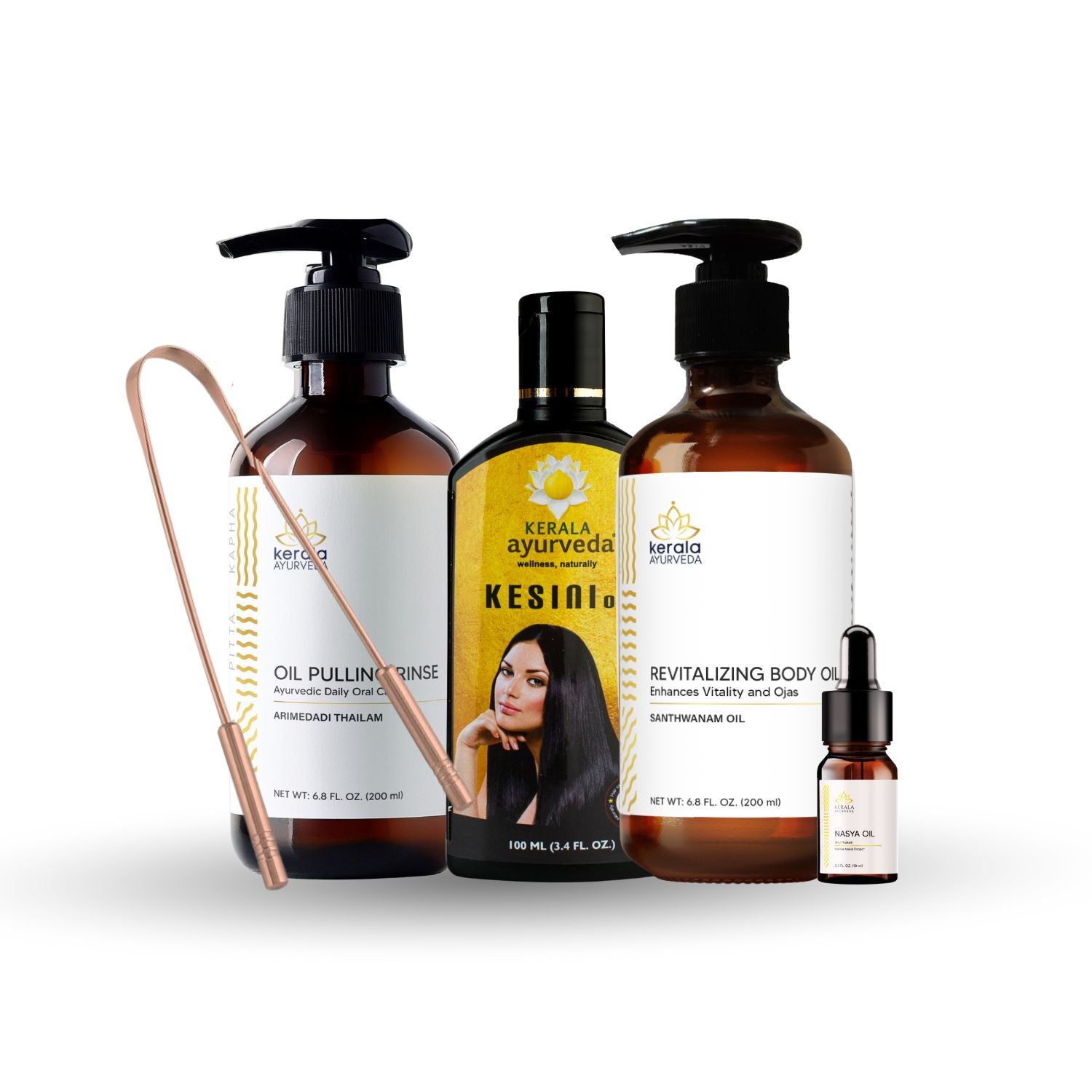 A collection of five Ayurvedic health products for self care routine, including oil pulling rinse, body oil, nasal drops, hair oil, and a tongue cleaner, with labels in white and yellow colors.
