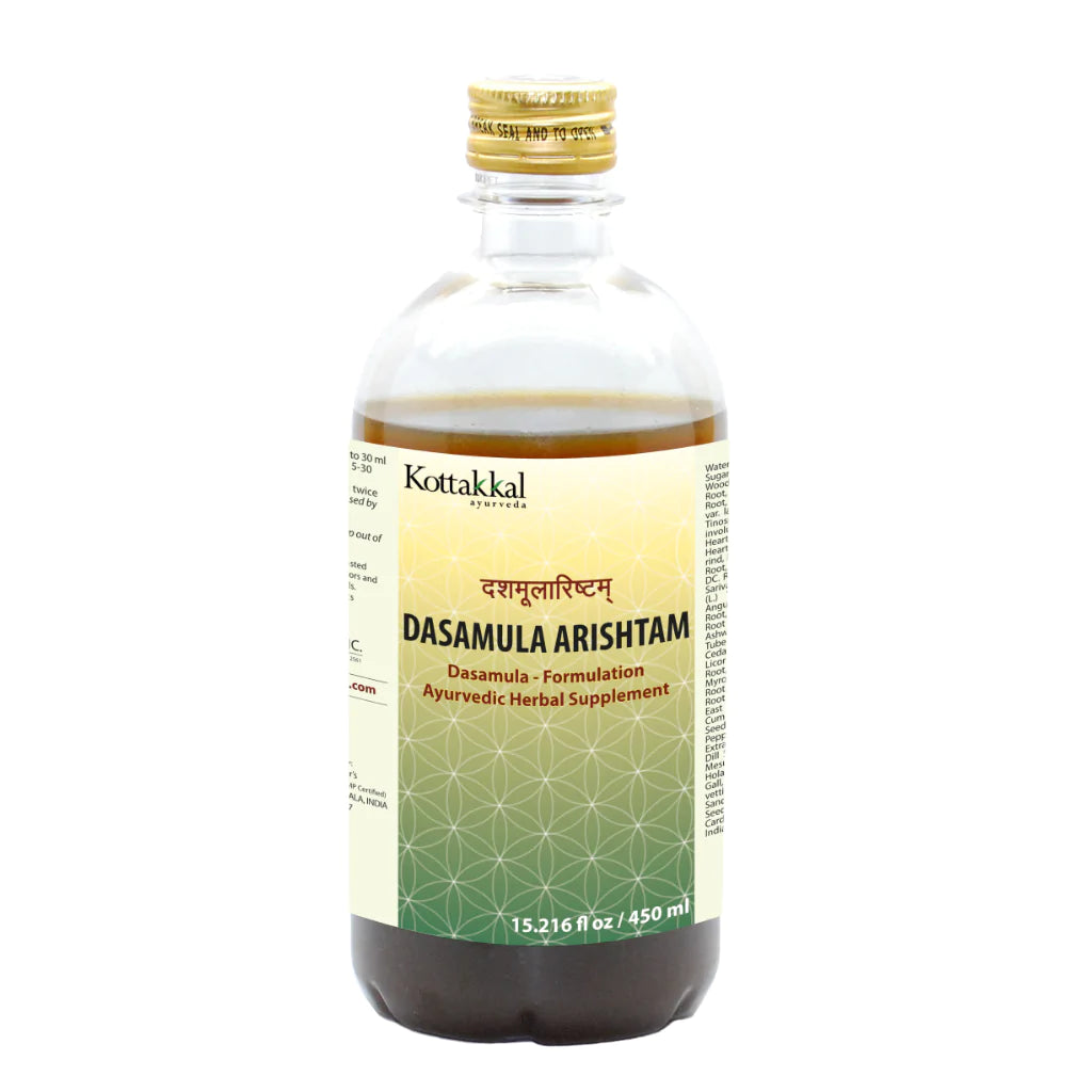 A bottle of KT Dasamula Arishtam, an Ayurvedic herbal supplement by Kottakkal. The label is green and white with text and branding.