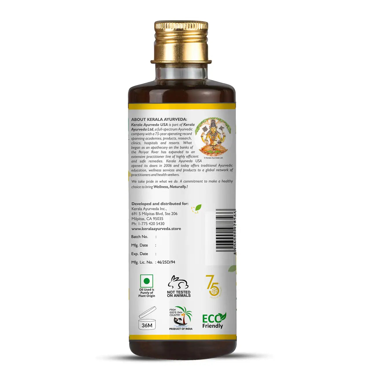 Back view of a bottle of Kerala Ayurveda Dhanwantharam Sevyam oil with labels detailing the product's benefits for gut and reproductive health.