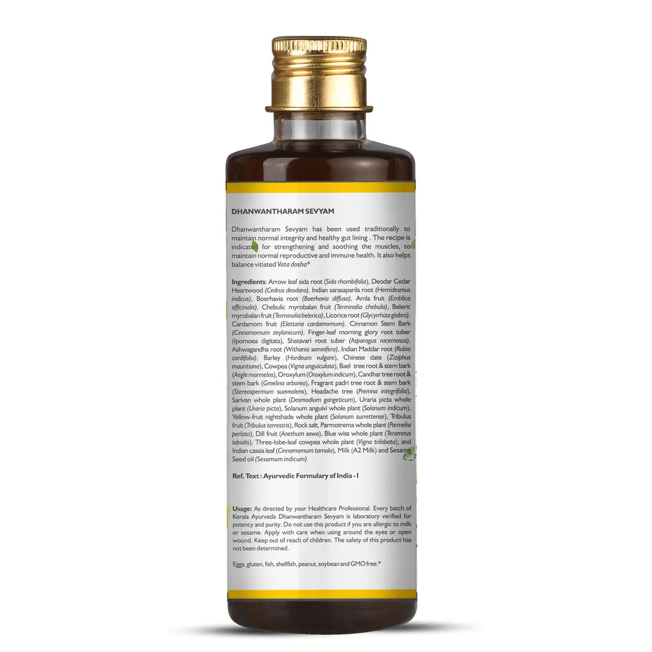 Bottle of Kerala Ayurveda Dhanwantharam Sevyam oil with labels detailing the product's ingredients and how to use suggestions.