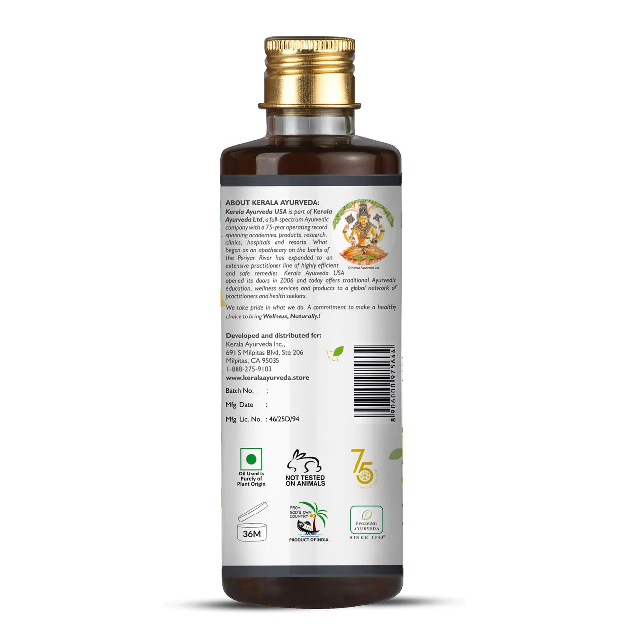 Back label of Dhanwantharam Thailam body massage oil bottle with brand details – Kerala Ayurveda.