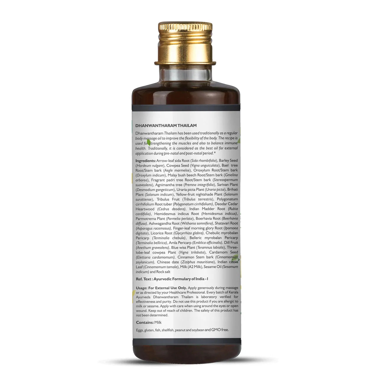 Ingredients label of Dhanwantharam Thailam body massage oil, herbal formulation – Kerala Ayurveda.