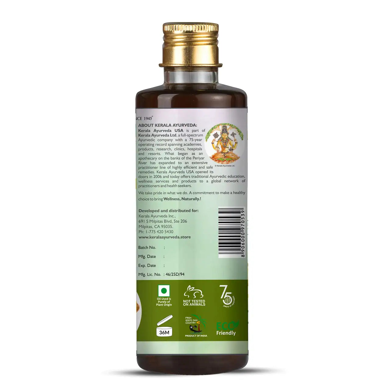 A bottle of Dharani Oil by Kerala Ayurveda for Kapha management with a label showing the product and brand description