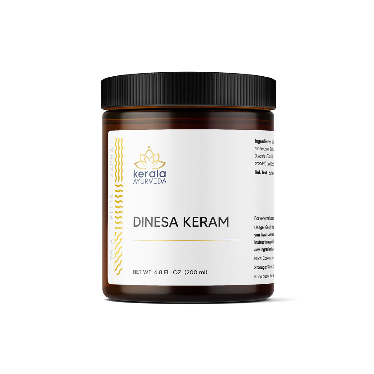 Jar of Dinesa Keram skin care oil with Kerala Ayurveda label on a white background