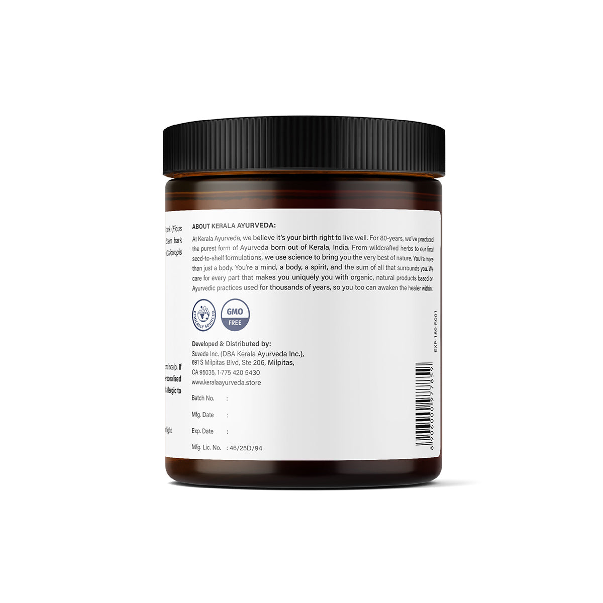 Ingredient of Jar of Dinesa Keram skin care oil with Kerala Ayurveda label on a white background