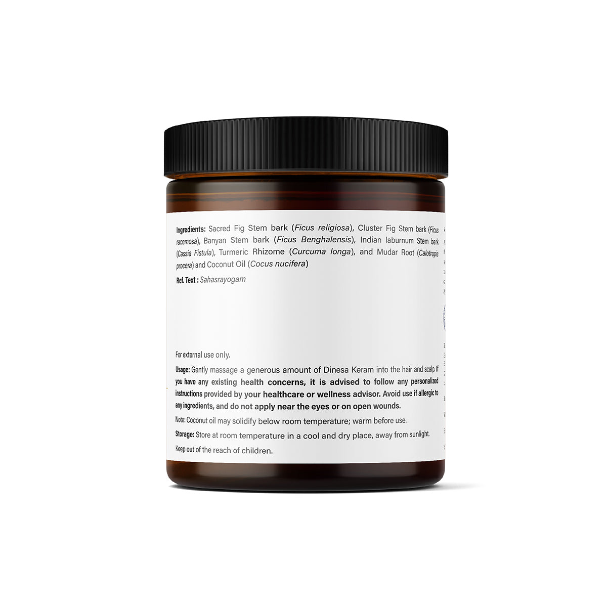 Back View of Jar of Dinesa Keram skin care oil with Kerala Ayurveda label on a white background