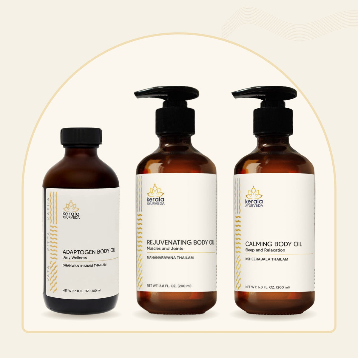 Kerala Ayurveda Abhyanga Ritual bundle: Adaptogen, Rejuvenating and Calming Body Oils.