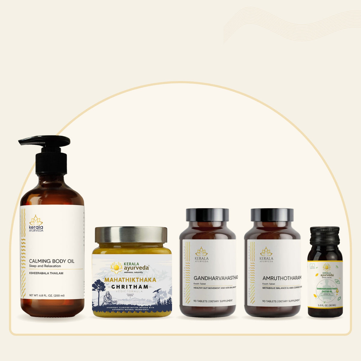 Kerala Ayurveda Complete Fall Reset bundle: Calming Body Oil, Mahathikthaka Ghee, Gandharvahasthadi and Amruthotharam Kwath tablets and Gandharvahasthadi Castor Oil.