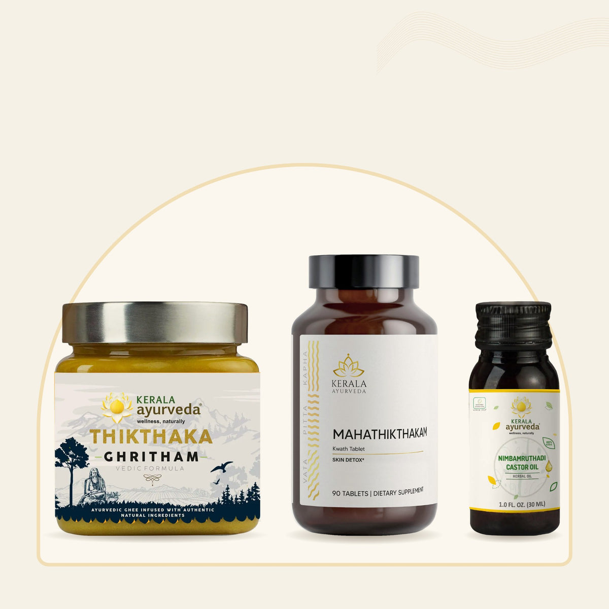 Kerala Ayurveda Thikta Ritual bundle: Thikthaka Ghee, Mahathikthakam Kwath tablets and Nimbamruthadi Castor Oil.
