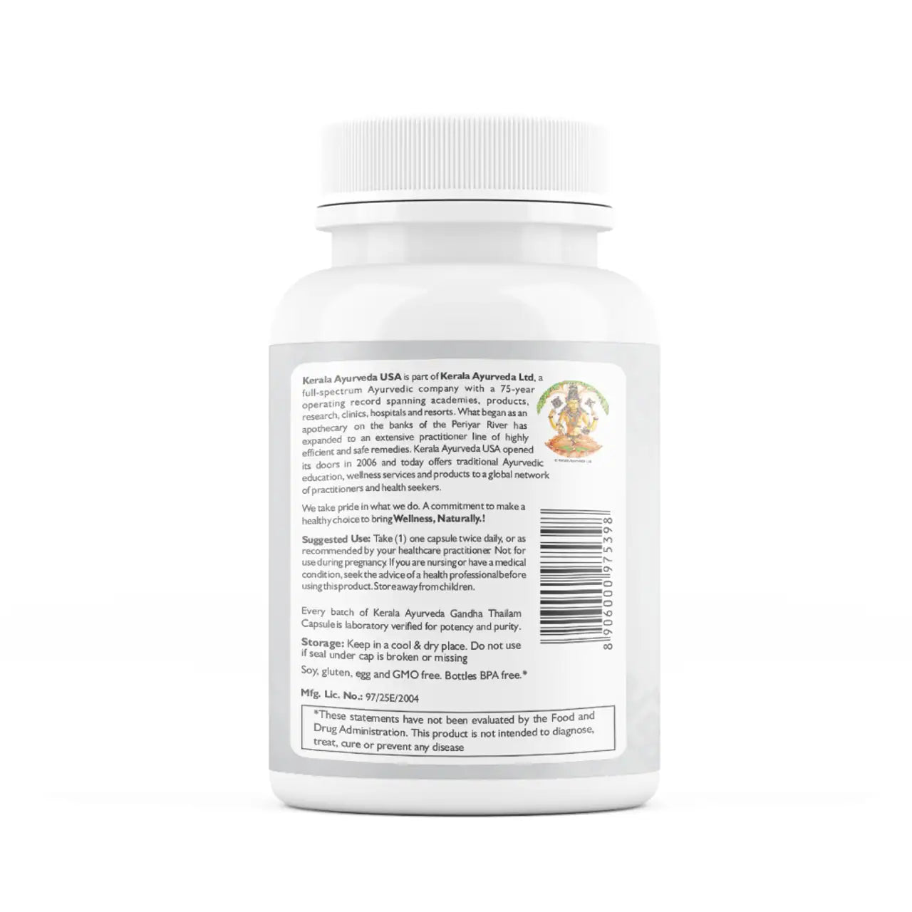 A bottle of Gandha Thailam dietary ayurvedic supplement with soft gel capsules,with a back label of how to use instruction