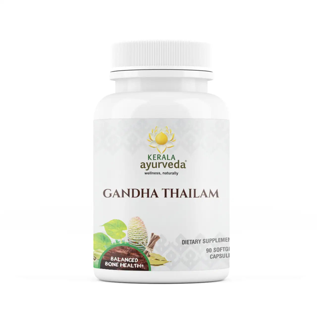 A bottle of Gandha Thailam dietary ayurvedic supplement with soft gel capsules, labeled as part of the professional series by Kerala Ayurveda.