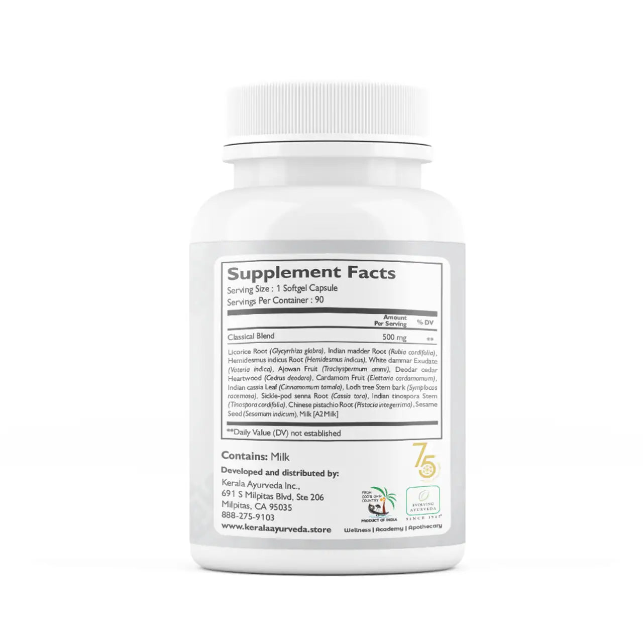 A bottle of Gandha Thailam dietary ayurvedic supplement with soft gel capsules,with a ingredients label of supplelment facts 
